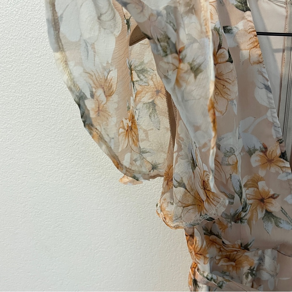 Saints + Secrets Chiffon Floral Flutter Sleeve Tie Waist Faux Wrap Mini Dress M - Picture 5 of 16